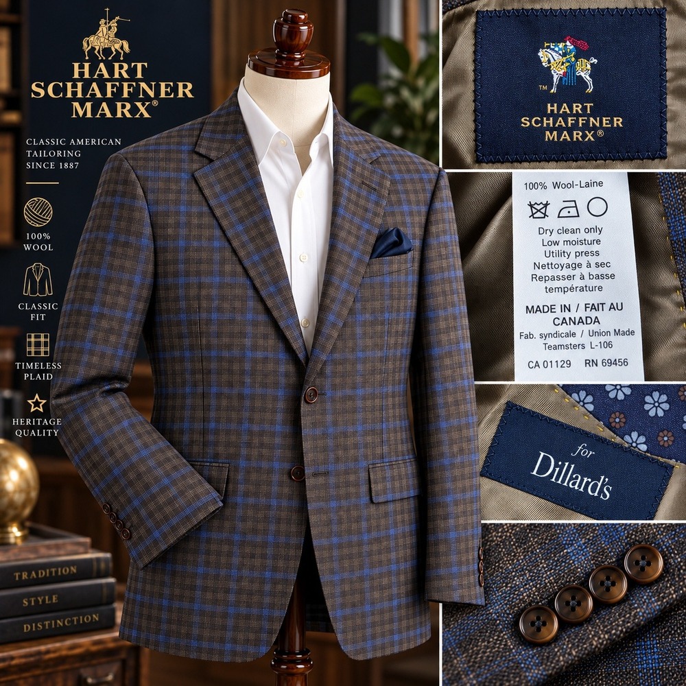 Hart Schaffner Marx Sport Coat Mens 38S Brown Blue Wool Plaid L/S Button up